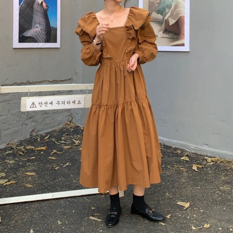 

Spring 2021 Sweet Fresh Ruffled Dresses Square Collar Long Sleeve Loose Dress for Women Slim Waist A Line Solid Vestido De Mujer