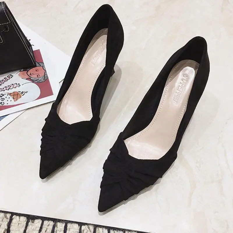 

2021 new fine high heel suede single shoes anti slip pointed thin heel girls suede Korean high heels