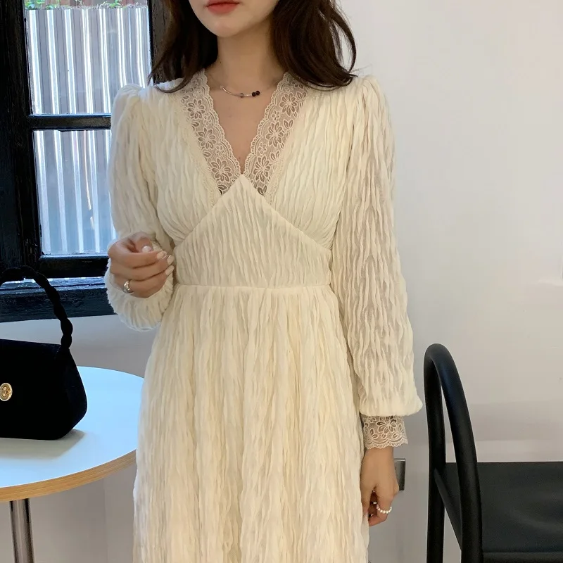 

Spring Autumn Women Midi Dress Vintage Elegant Full Sleeve V-Neck Lace Patchwork Party Dress 2022 Casual Vestdios