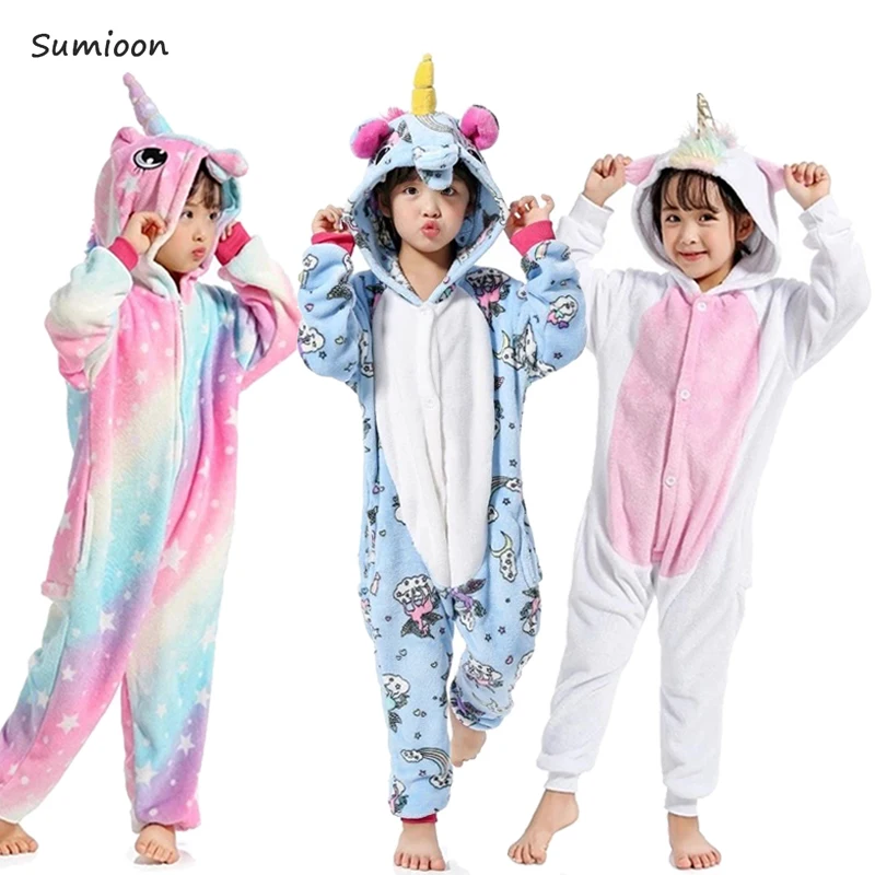 Зимние Кигуруми для девочек и мальчиков пижамы комбинезоны с единорогом мультяшными животными детская