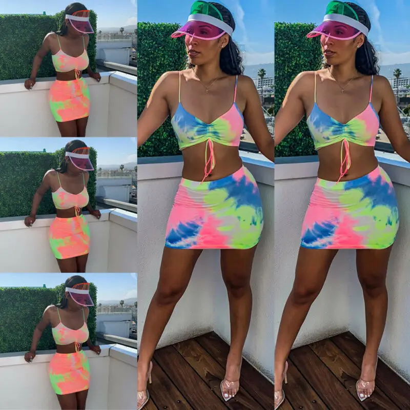 

Women 2 PCS Set Sexy Strap Colorful Bra Lace-up Tank Vest Crop Tops Bodycon High Waist Pencil Skirt Set Holiday Party Mini Skirt