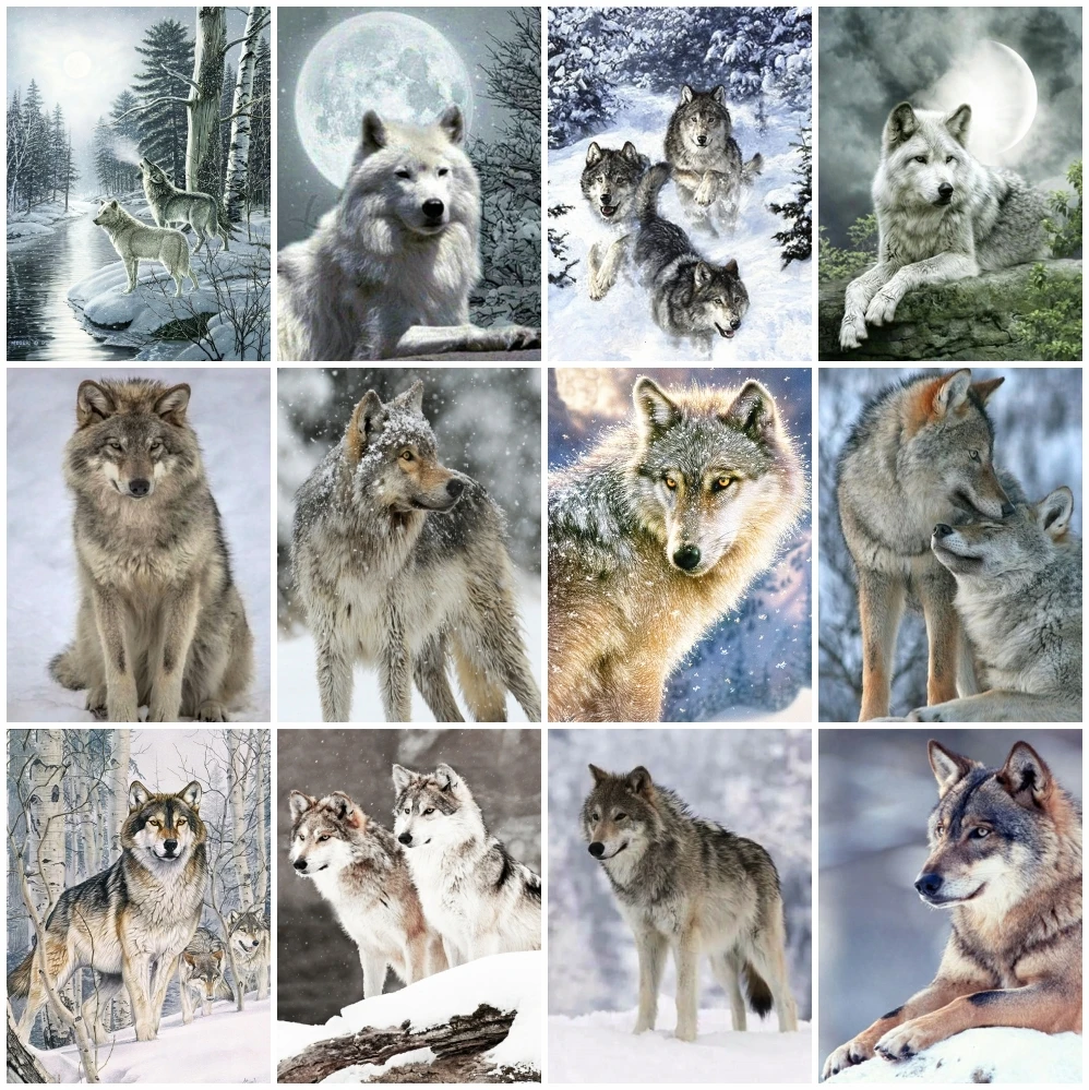 

AZQSD Full Square/round Drill Diamond Embroidery Wolf Winter Moon Mosaic Handicraft Diamond Painting Animals Home Decoration