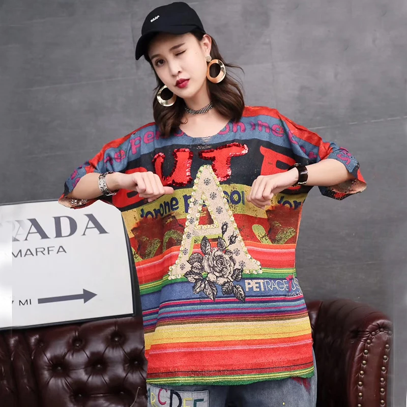 

Hip Hop Style Cartoon Printed Knitted Stripe Pullover 2020 Summer Korea Fashion Sequins Loose Bronzing Sweater Top Tide