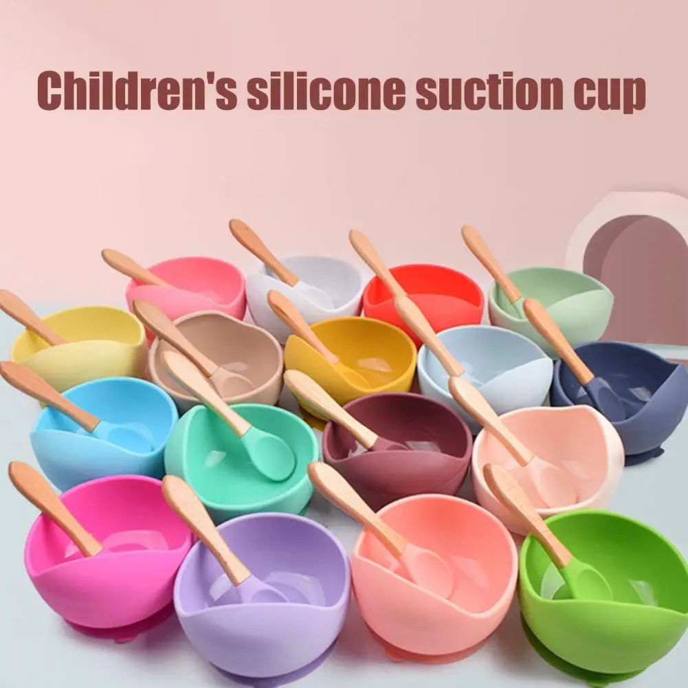 

1Set Bowl Multifunctional Easy to Clean Strong Suction Baby Silicone Bowl Wooden Handle Spoon Complementary Food Set for Dishes
