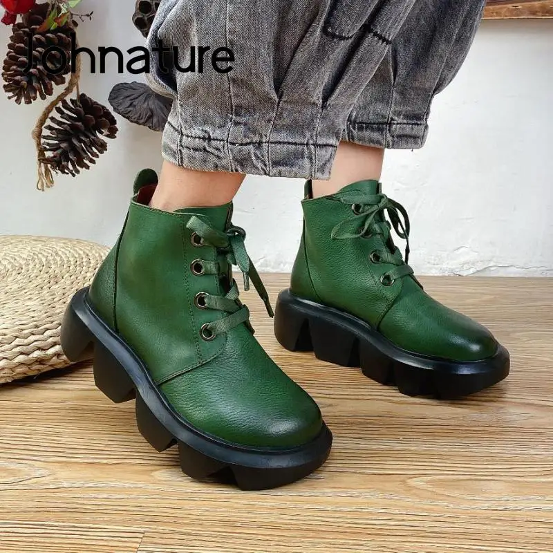 

Johnature Winter Boots Women Shoes Genuine Leather 2022 New Round Toe Lace-Up Leisure Handmade Concise Sewing Ladies Boots