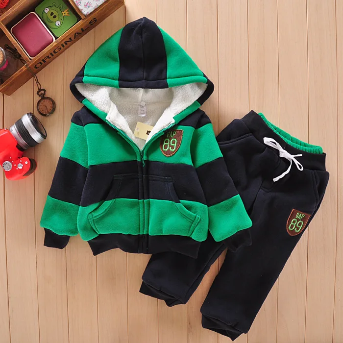green Зимний костюм для мальчиков 2-7 лет, хлопковое пальто в полоску+ штаны, спортивные костюмы для мальчиков, толстая зимняя детская одежда для подростков - Цвет: green