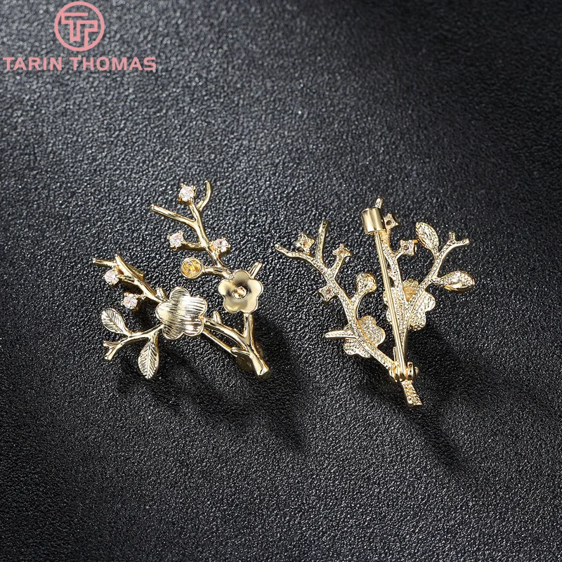 

2PCS 30x33MM 24K Gold Color Plated Brass with Zircon Tree Brooch High Quality DIY Jewelry Making Findings Accessories