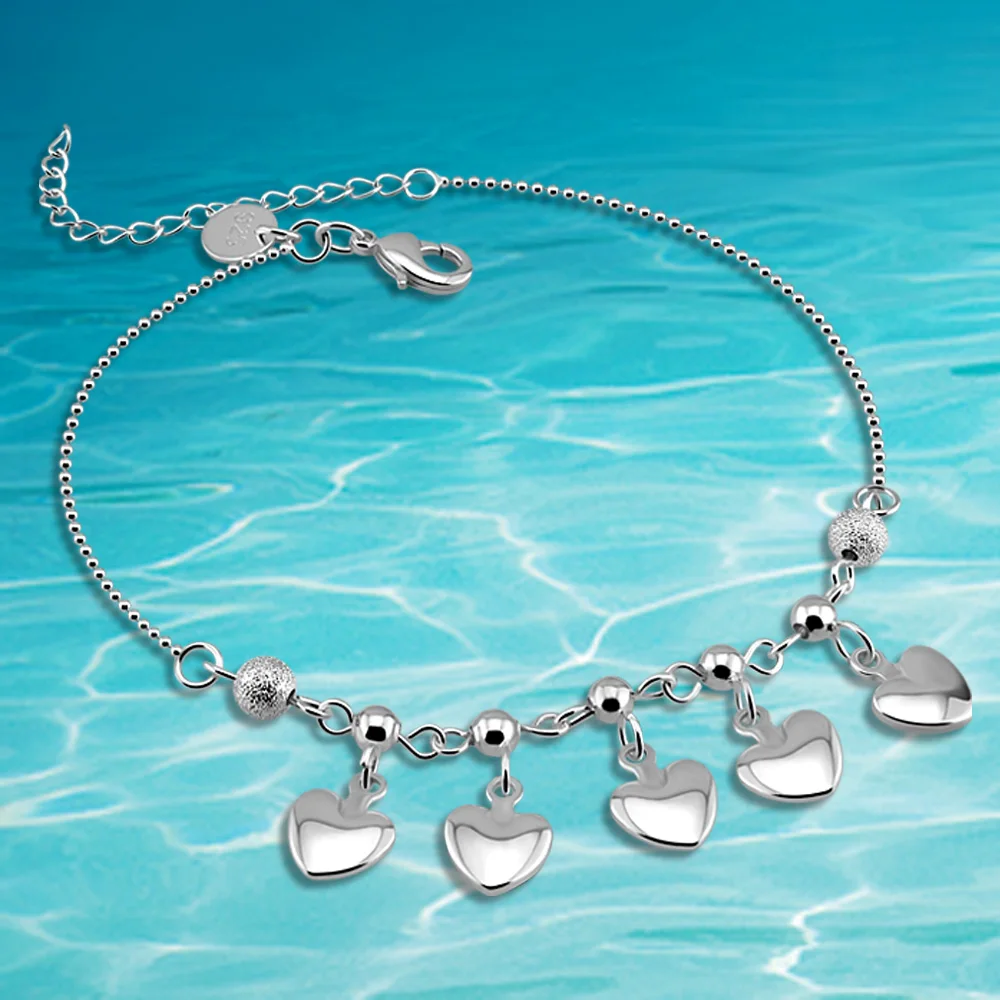 Женский ножной браслет с сердечком из стерлингового серебра 925 пробы модные