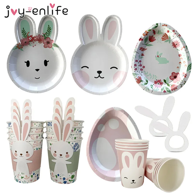 

Happy Easter Bunny Eggs Paper Plates Easter party table decoration Rabbit Cups Napkins Ring Easter Party Supplies kids Birthday
