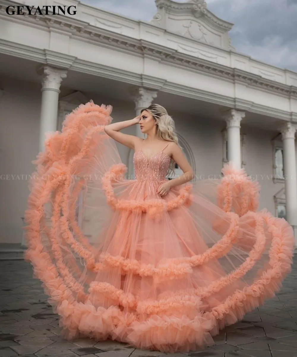 Vestidos de 16 años, арабское Коралловое Тюлевое Пышное Бальное Платье, пышные платья пикантные тонкие бретельки, бисерные Бальные платья из Дубаи