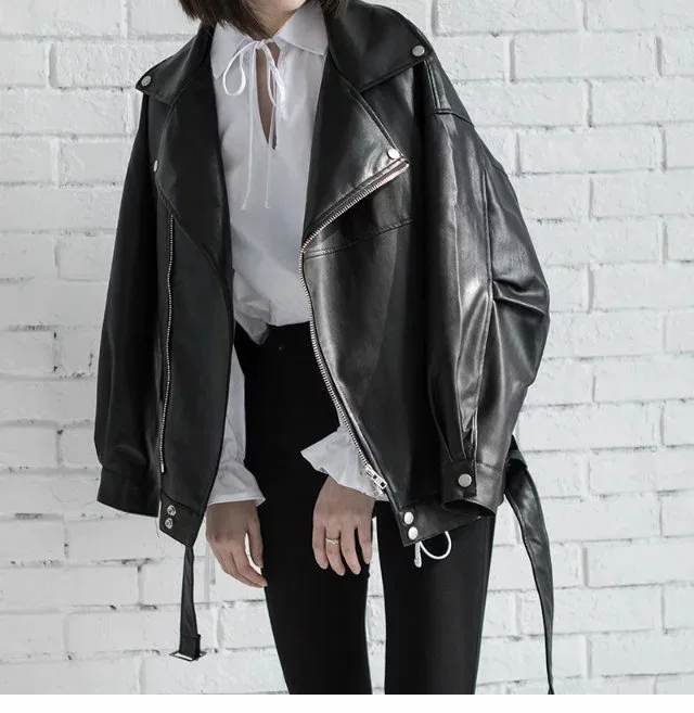 

New High Quality 2021 Spring Black PU Leather Loose Turn-down Collar Zipper Fashion New Women's Wild Jacket