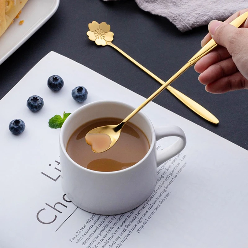 

1PC Tea Coffee Mixing Spoon Long Handle Stainless Steel Flowers Design Spoon