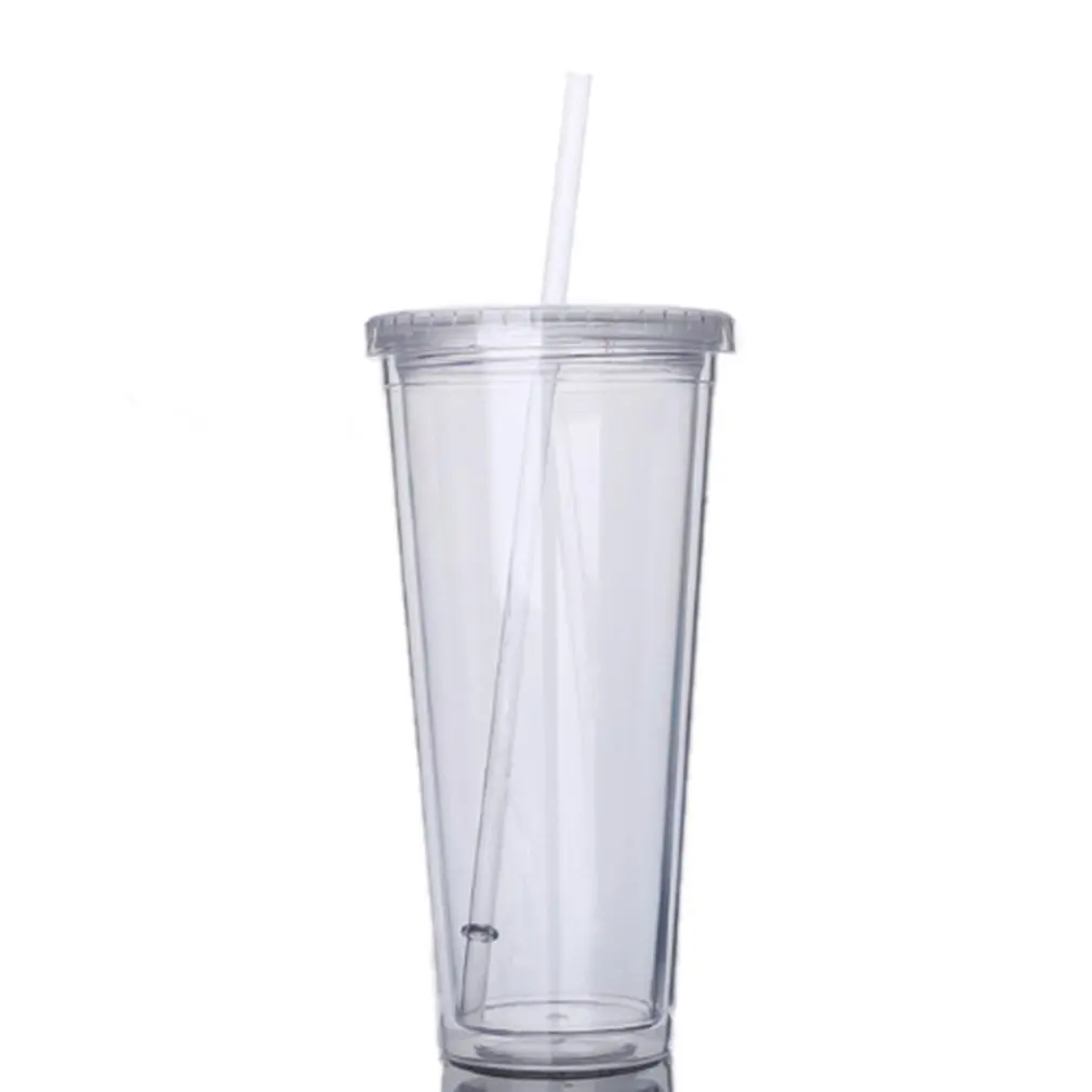 

650ML Double-Layer Transparent Plastic Cup with Straw Milk Tea Cup with Lid Fruit Juice Water Bottle Sealed Cup