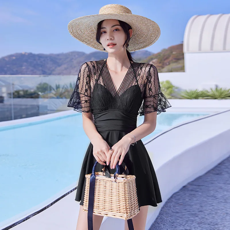 

NODELAY Black Color Skirt Swimwear Women One Piece Swimsuit Beachwear Push Up Bathing Suits Slim Lace Splicing Swim Suit XXL