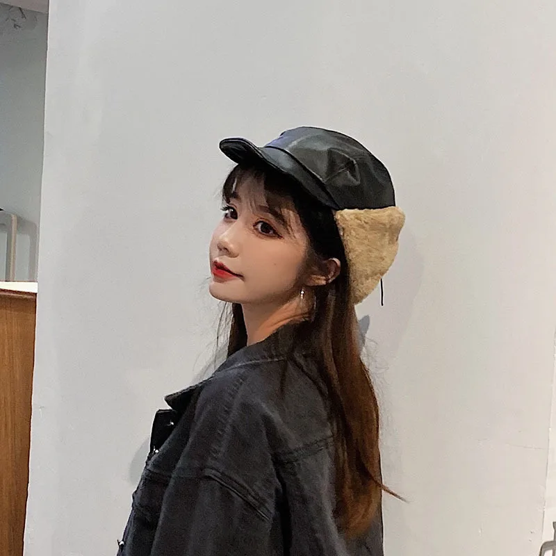 

Autumn Winter Outdoors Unisex Bomber Hat Plus Velvet Warm PU Earflap Cap Men Women Russian Ushanka Aviator Trapper Hats 56-58cm