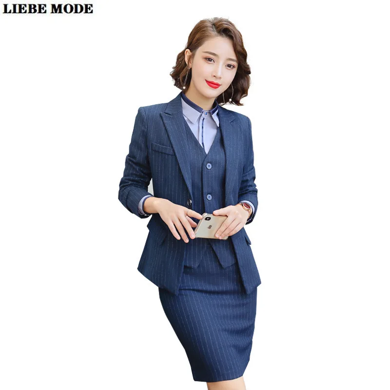 Women's Striped Trouser or Skirts Suit Ladies Suits Formal Set Skirt and Blazer Vest Women 3 Piece Suits Business Work Outfit