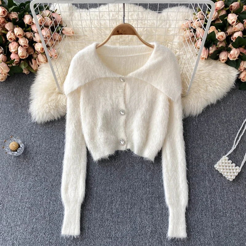 Fluffy Knitted Women Short Sweater Cardigan Faux Mohair Crop Tops Female Jumper Solid Pink Streetwear Casual Ladies Sweaters