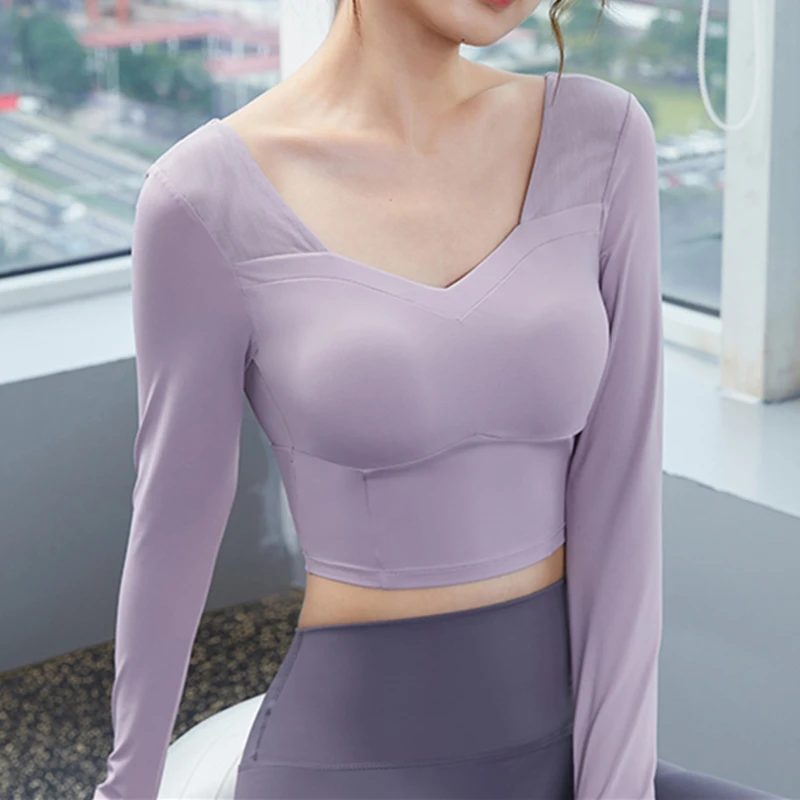 

Vansydical Mesh Sports Shirts Women Crop Tops Long Sleeve Fitness Yoga Shirts Gym Workout Breathable Tops Fitness Sports Tops