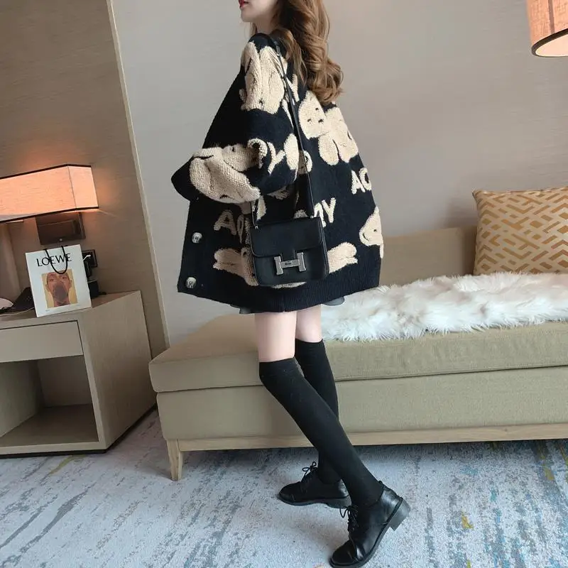 

Plus Velvet Thickened Mid-length Women's Jacket Tide Ins Autumn and Winter Sweaters and Knitted Cardigans