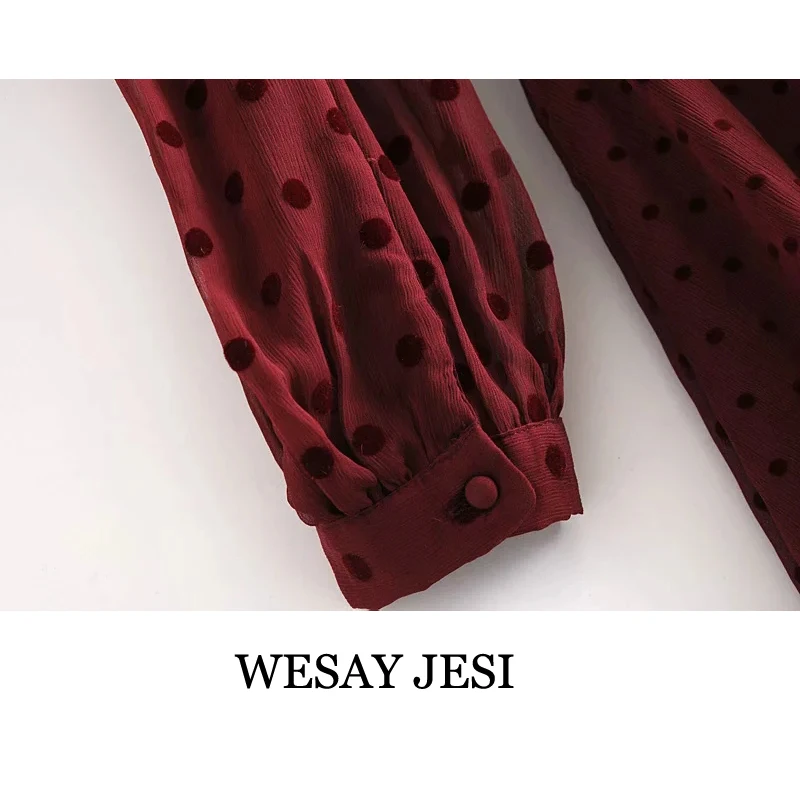 

WESAY JESI New Women Elegant Dots Flocking Casual Chiffon Mini Dress Female Pleats Puff Sleeve Bow Sashes Vestido Shirt Dress
