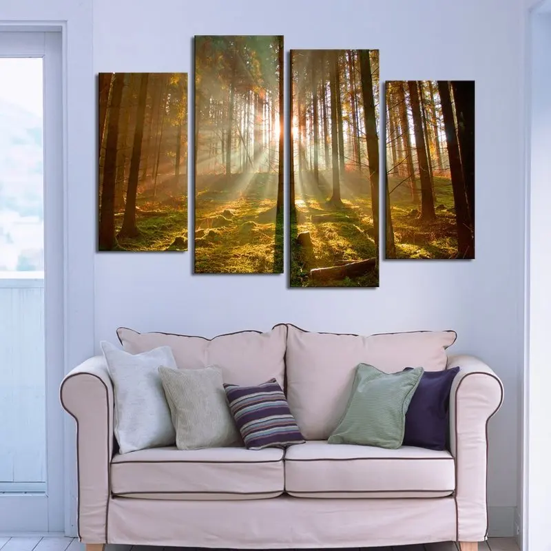Большой размер 4 панели группа холст стены Искусство Солнечный свет осенний лес