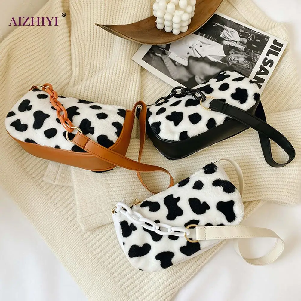 

Fashion Cow Milk Print Handbag Totes Women Plush PU Leather Chain Travel Shoulder Underarm Purse Autumn Winter Portable Top-hand