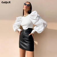 solid patchwork womens clothing puff sleeve slim tops office lady elegant t shirt fashion new french vintage knit tshirts 2021