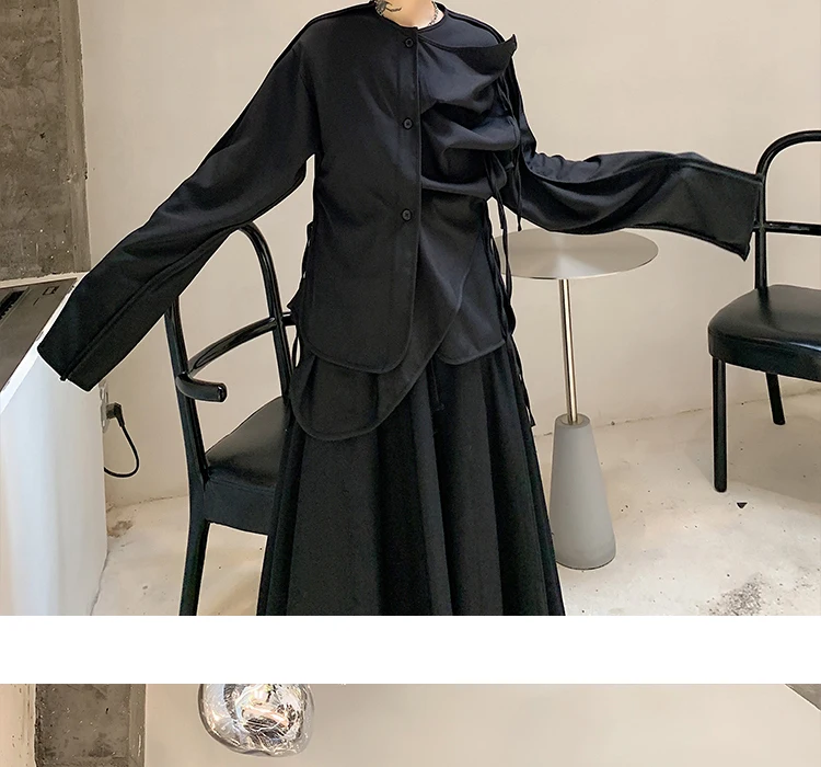 Men Fold Irregular Ribbon Splice Long Sleeve Casual Black Shirt Male Japan Style Streetwear Punk Gothic Shirts Stage Clothing