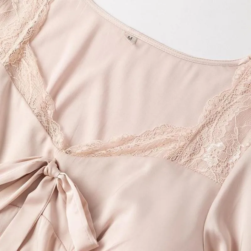 Сексуальная Женская атласная ночная рубашка с кружевом мягкое платье для сна