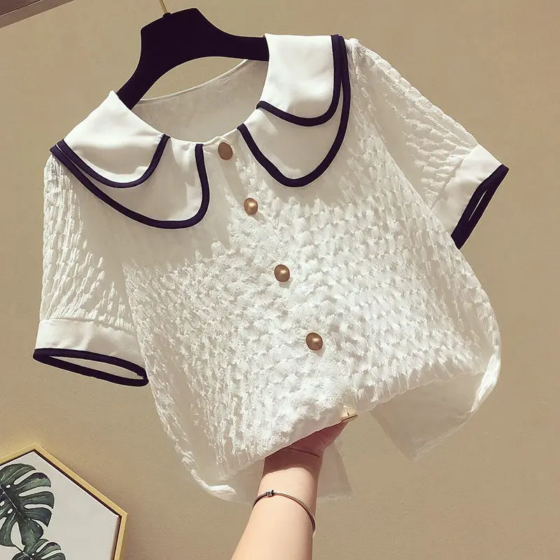 

2021 Summer Women Loose Chiffon Blouse Fashion Female Peter Pan Collar Solid Color Buttons Short Sleeve Girl Shirts Tops L265