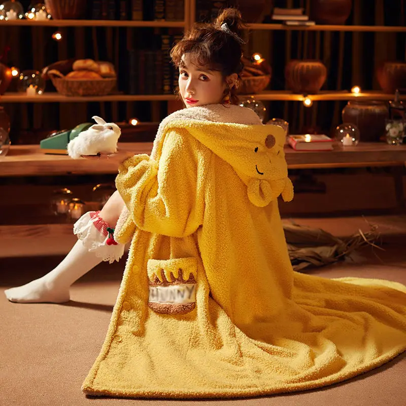 Pajamas Women's Autumn and Winter Thickening and Warming Long Bathrobe Home Wear Sleepwear Nightgown Cute Nightwear Pijamas Set