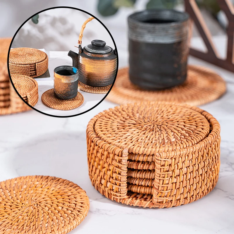 

6Pcs/set Handcrafted Woven Rattan Coaster Multi-Use Heat Insulation Anti Scald Round Tea Cup Mat Pot Cushion Pad With Holder