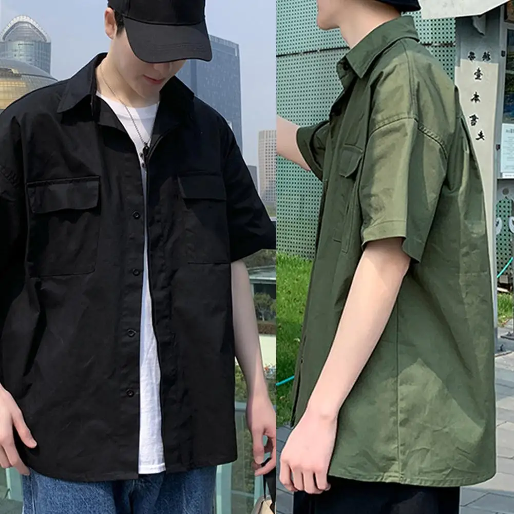 

Short Half Sleeves Tooling Shirt Pocket Street Men Plain Loose Casual Blouse Top
