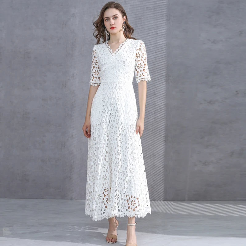 

Abaroker Woman Dress Hollow Embroidery Party Vacation Ol Elegant White Water Soluble Lace Long Dress 2020 New