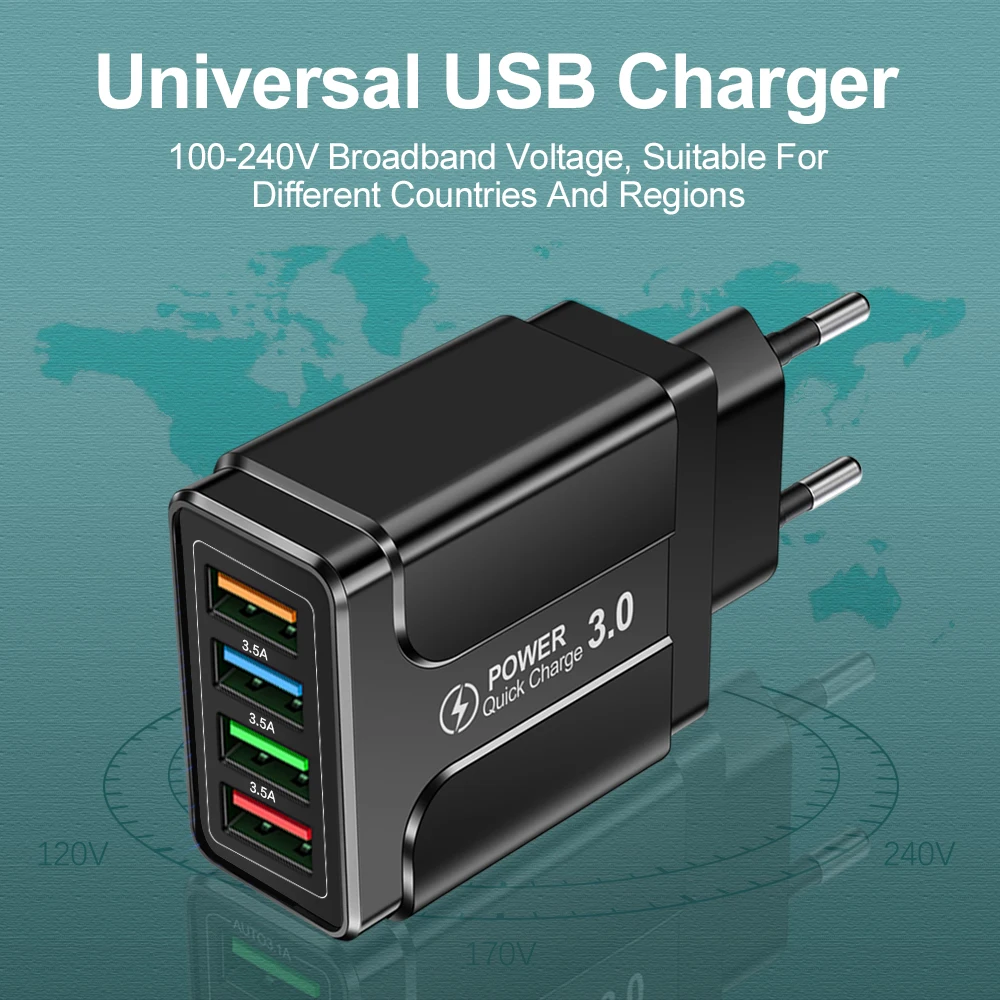 

4 Ports USB Charger Quick Charge 3.0 For iPhone 12 Pro Max Xiaomi Samsung Huawei Tablet Portable Wall Mobile Phone Fast Charger