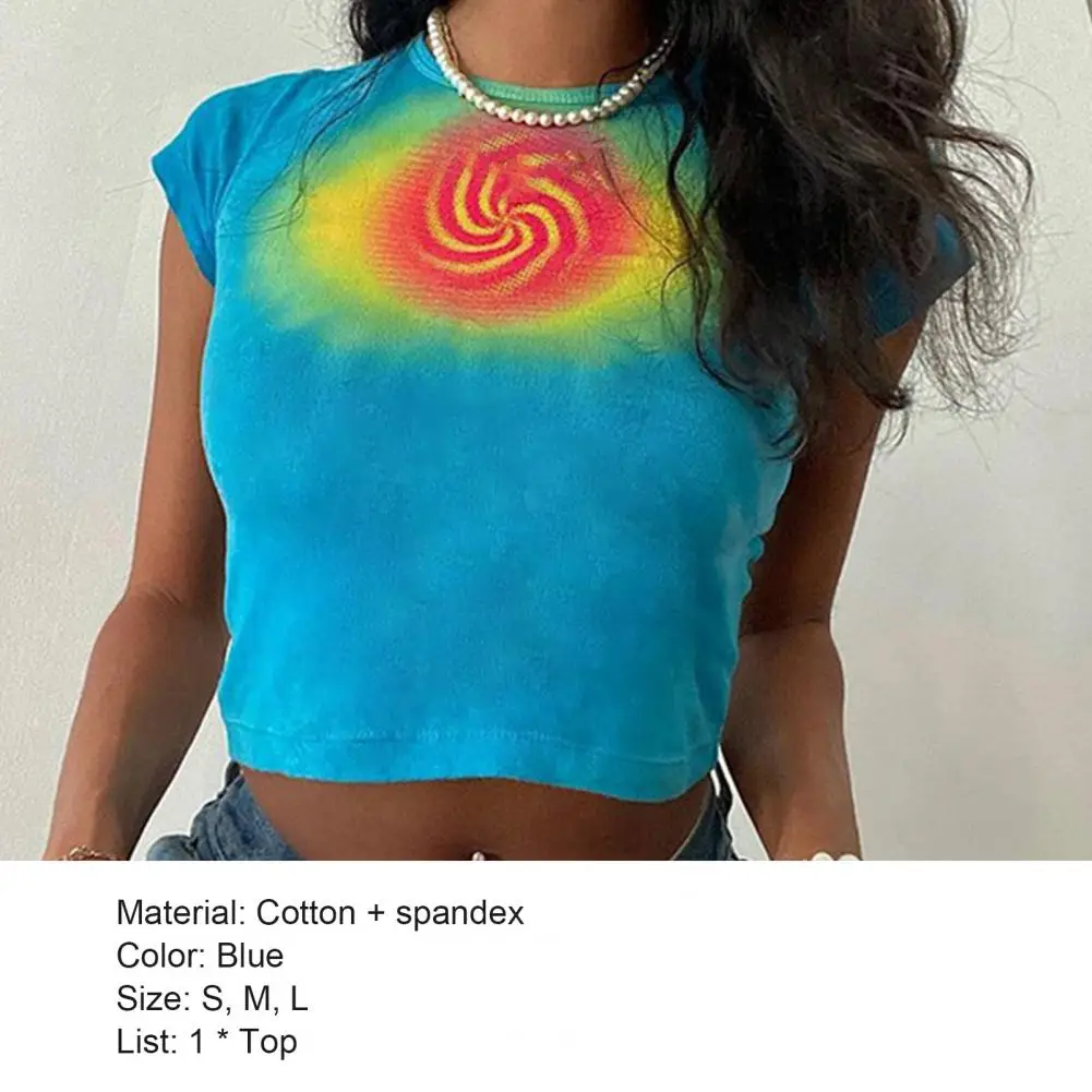 

Midriff Shirt Vivid Color All-Match Blue Sexy Navel Sun Printed Crop Top for Dance