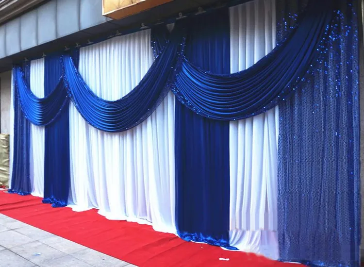 

3*6m (10ft*20ft) royal blue backdrop church Stage Curtain with Sequin Swags Ice Silk Wedding Party Stage Decoration