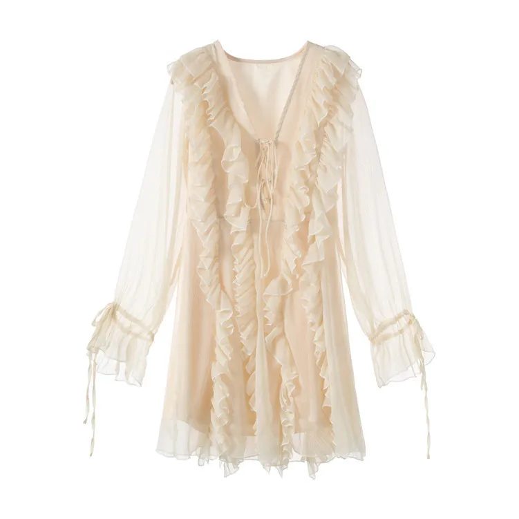 

New summer fairy temperament all v neck agaric horn sleeve chiffon dress G03102 of cultivate morality