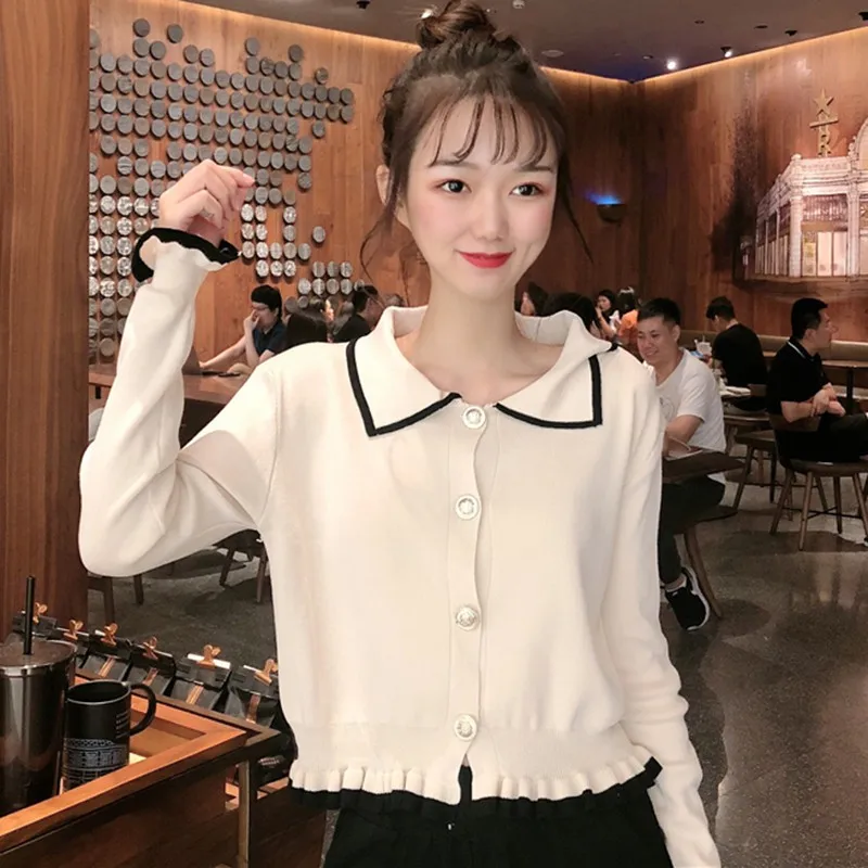 Women Sweater Elegant Turn Down Collar Button Pullover Female Korean Kawaii Ladies Knitted Jumpers Autumn Winter Clothing | Женская