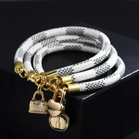 new style pu striped leather women bangles heart shaped lock round pendant retro fashion student bracelet jewelry accessories