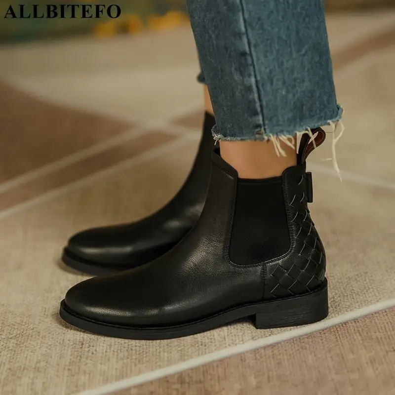 

ALLBITEFO Weaving Design Round Toe Soft Genuine Leather Ankle Boots Autumn Winter Shoes Street Fashion Women Boots Women Heels