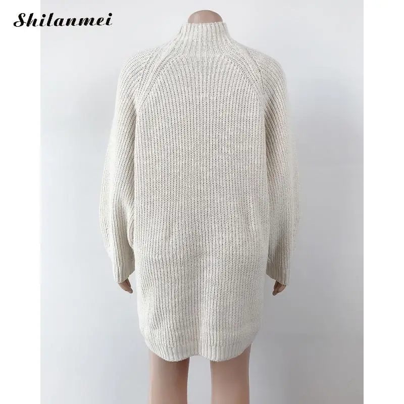 Модное женское вязаное платье свитер средней длины с высоким воротом зимние