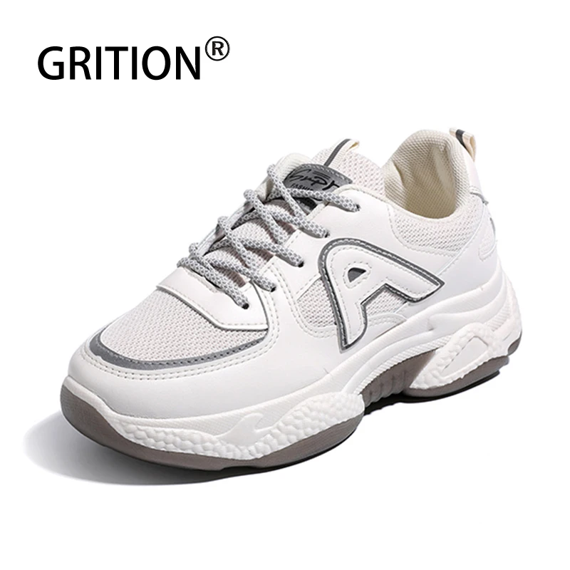 Женские кроссовки сетчатые GRITION белые на платформе и толстом массивном каблуке