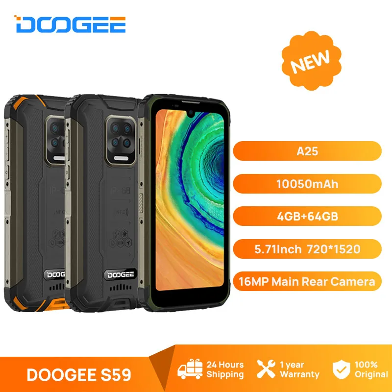 

DOOGEE S59 Rugged Phone 10050mAh Super Battery Smartphone 4GB+64GB Cellphone IP68/IP69K 2W Loud Volume Speaker Celular