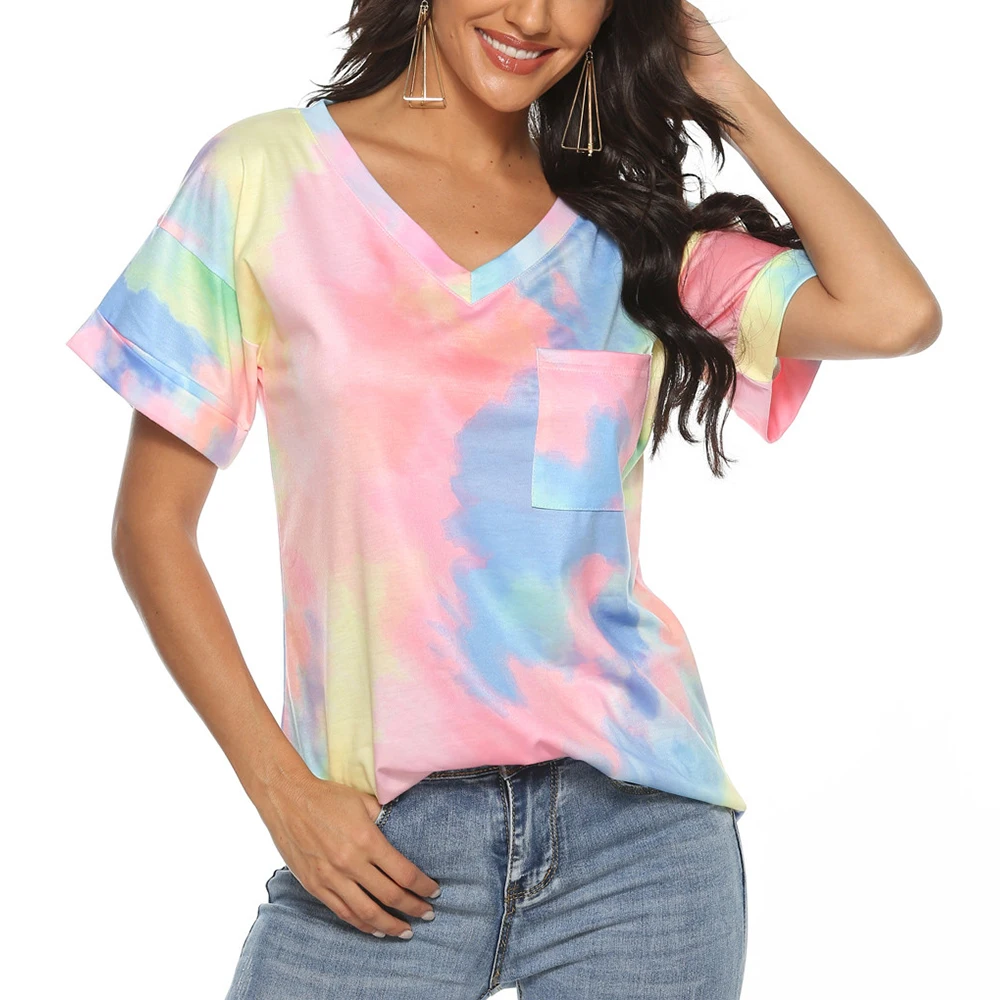 

Tie Dye T shirt Women Colorful Color Floral Print Short Sleeve V Neck Casual Tops Harajuku Tee Shirt Female Streetwear Fashion