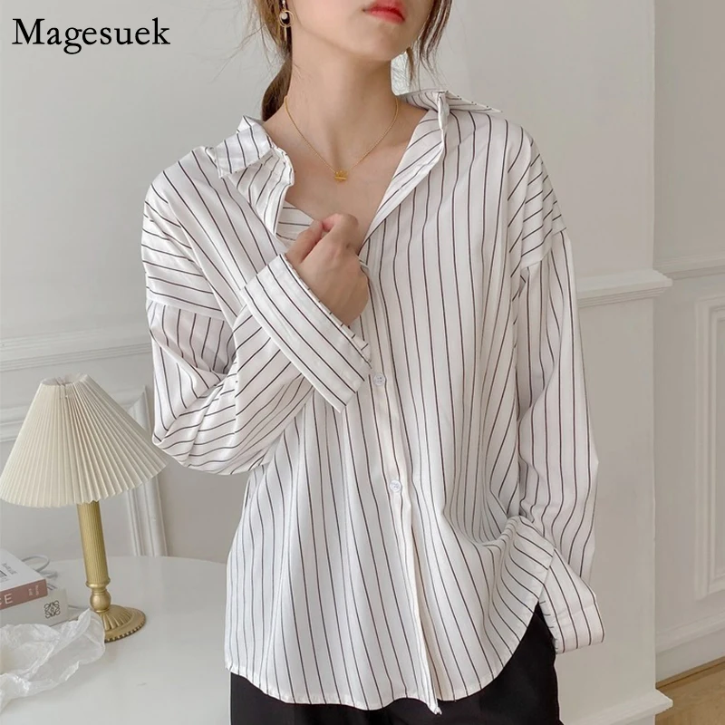 

Fashion Korean White Blouse women 2021 New Striped Casual Cardigan Button Up Shirt Plus Szie Office Lady Long Sleeve Top 11876