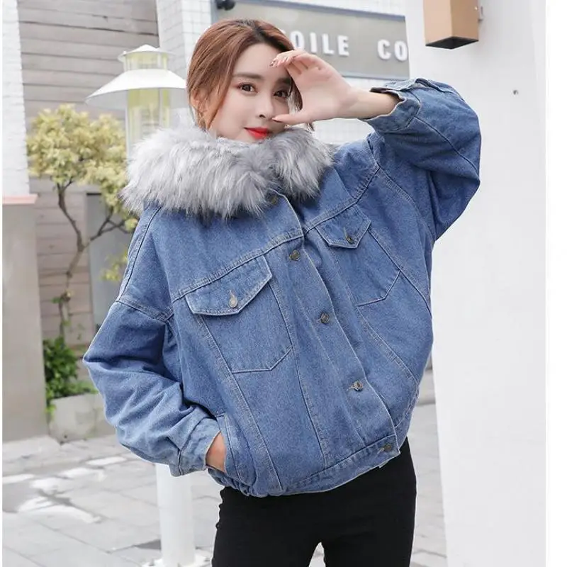 

coat women velvet thick denim jacket female winter big fur collar Korean locomotive lamb coat female student short coats Outwear