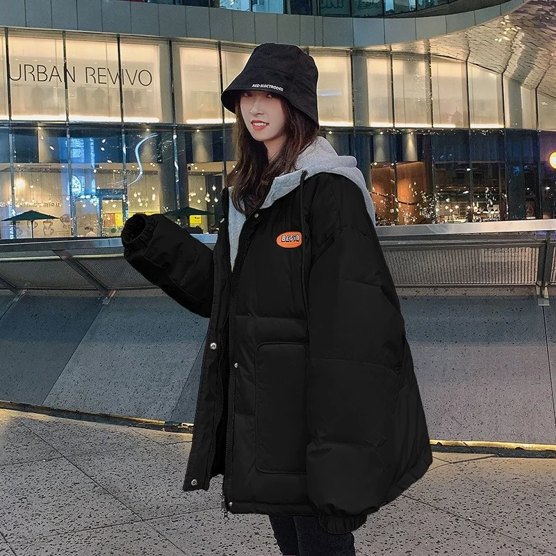 2021 Winter Hooded Cotton Padded Parkas Women's Harajuku Ins Fake Two Pieces Of Plush Thickened Down Clothes