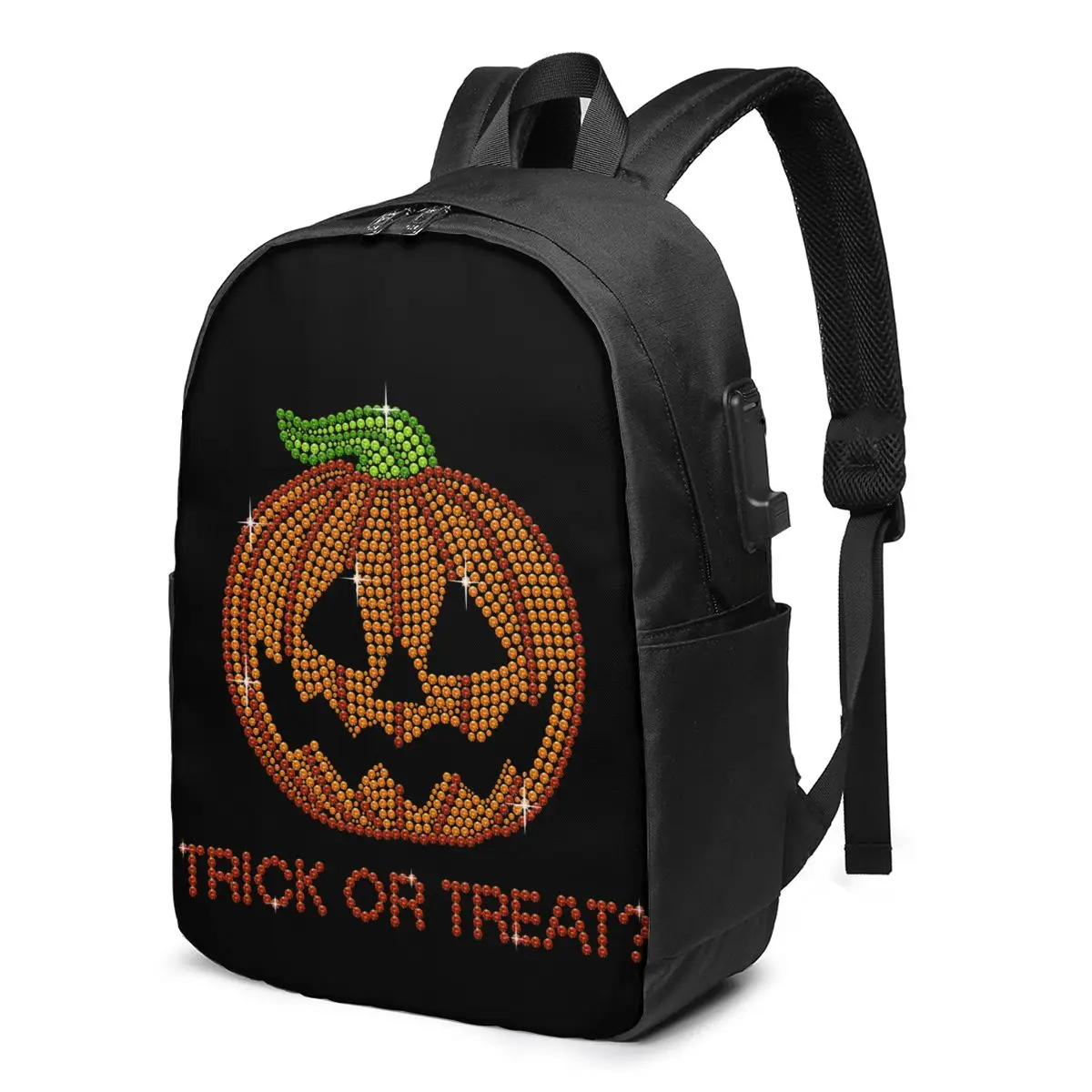 

Halloween Pumpkin Trick Or Treat Backpacks Funny Elementary School Runner Print Backpack Basic Charging USB Bags