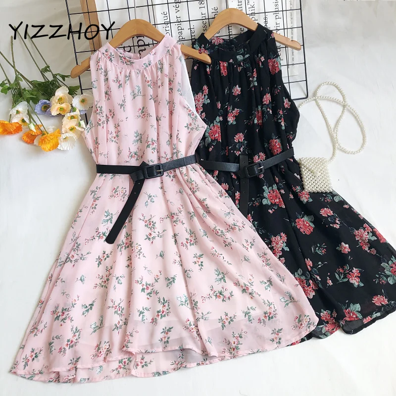 

Женское летнее шифоновое платье с поясом и высокой талией, без рукавов